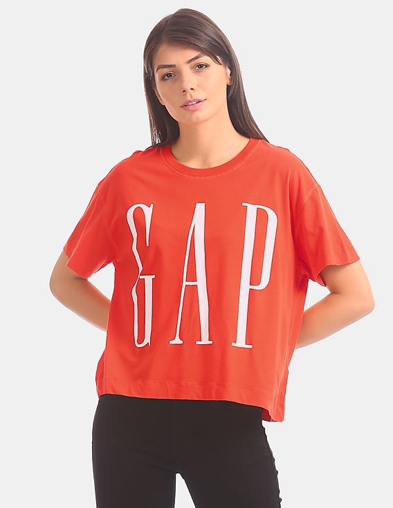 Buy GAP Women Orange Short Sleeve Boxy Crew Neck T-Shirt