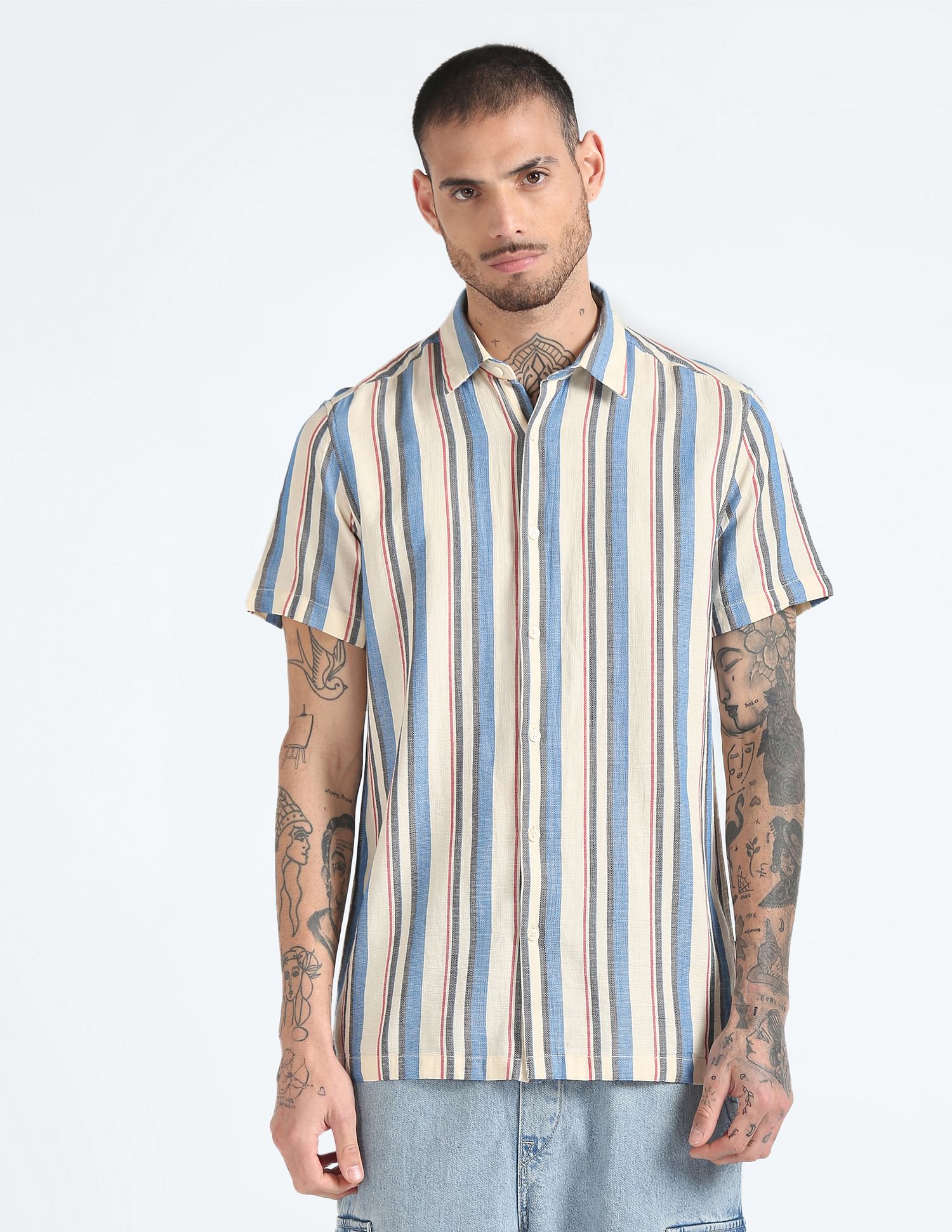 Flying Machine Cotton Slub Striped Shirt