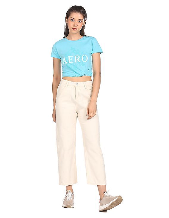 Aeropostale Women Aqua Crew Neck Brand Print T-Shirt