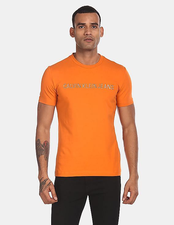 Institutional Metalic Buy Fit Men Logo Klein Orange Jelly Calvin Shirt T- Slim