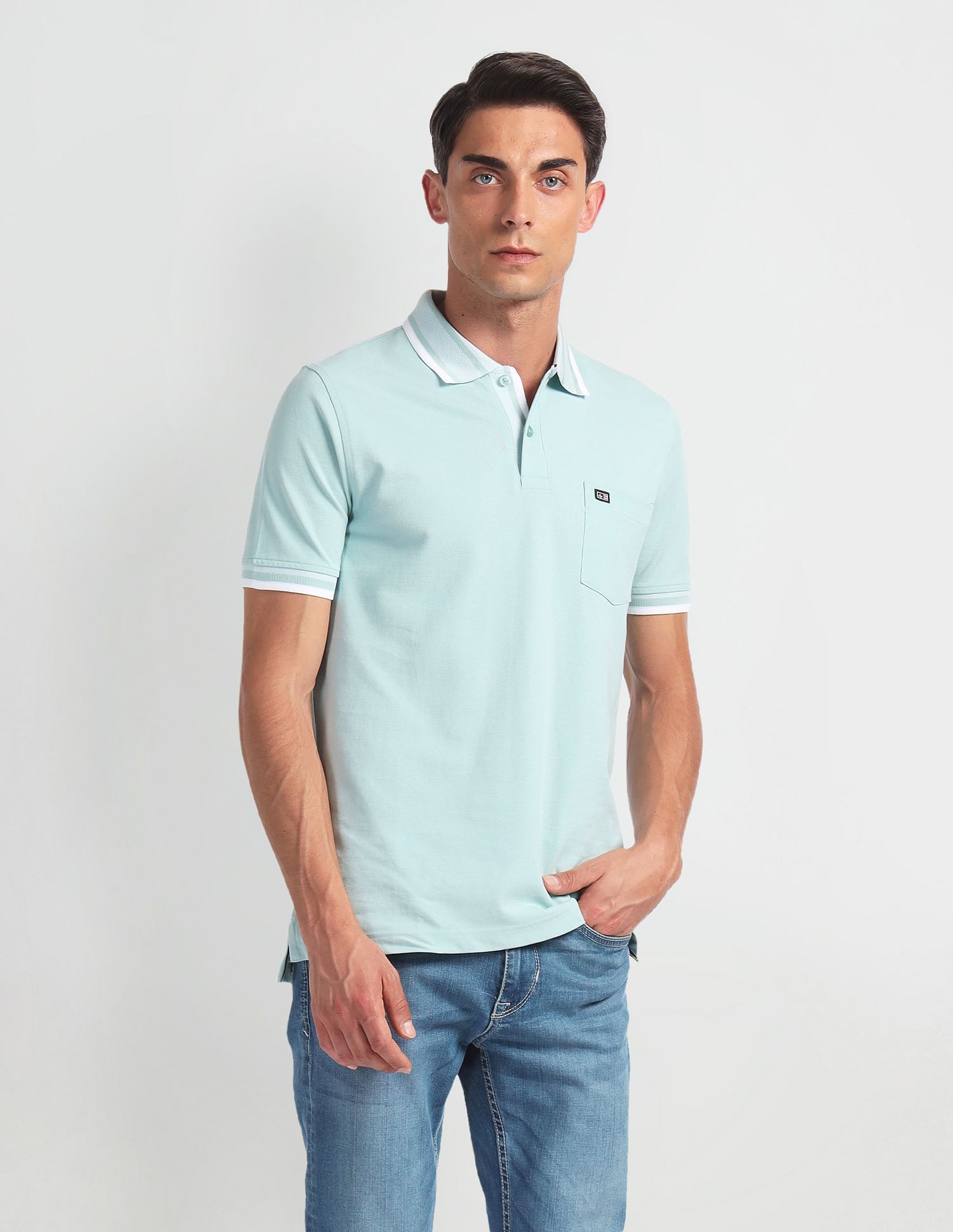 Arrow Sports Striped Collar Solid Polo Shirt