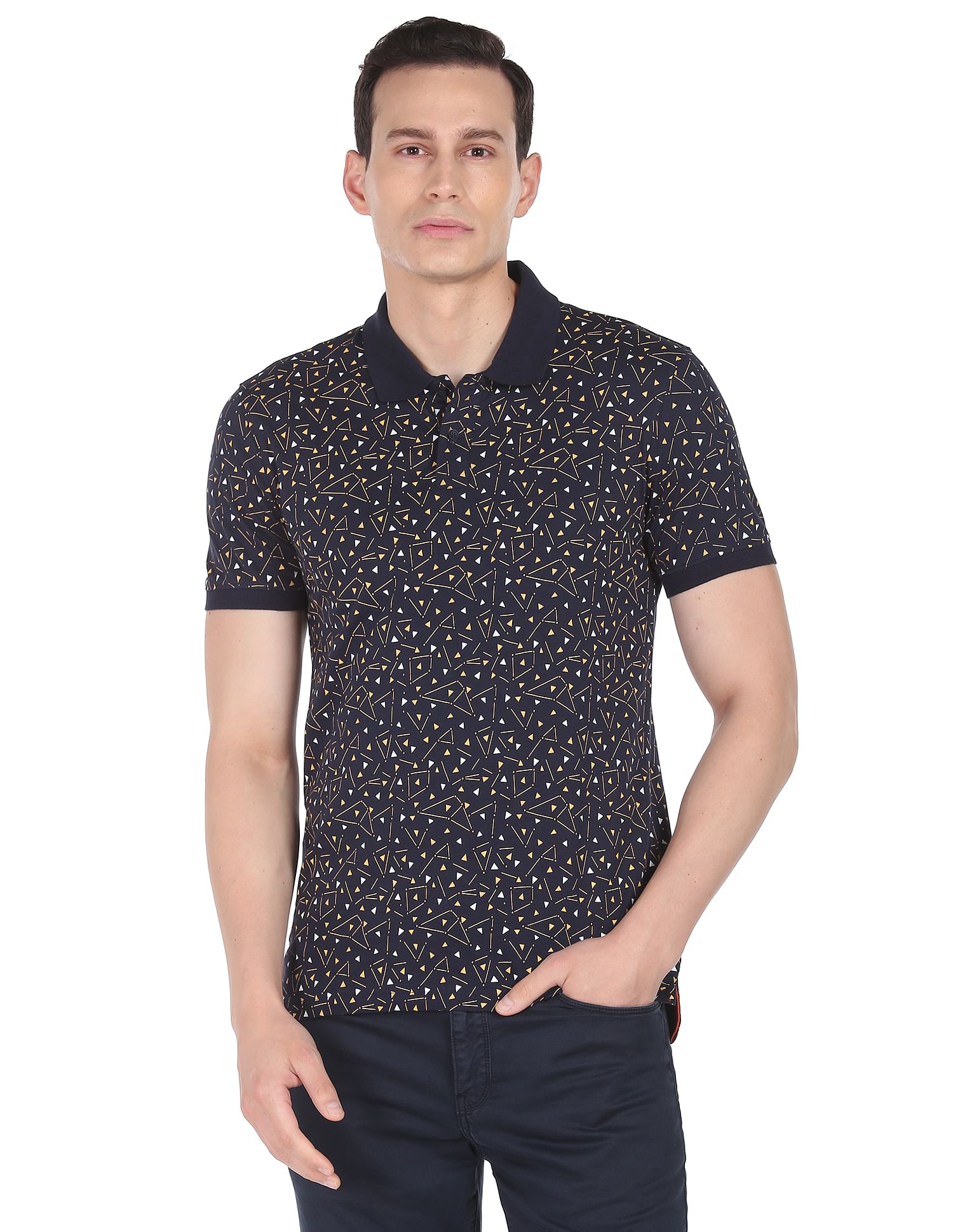 AD by Arvind Geometric Print Cotton Polo Shirt