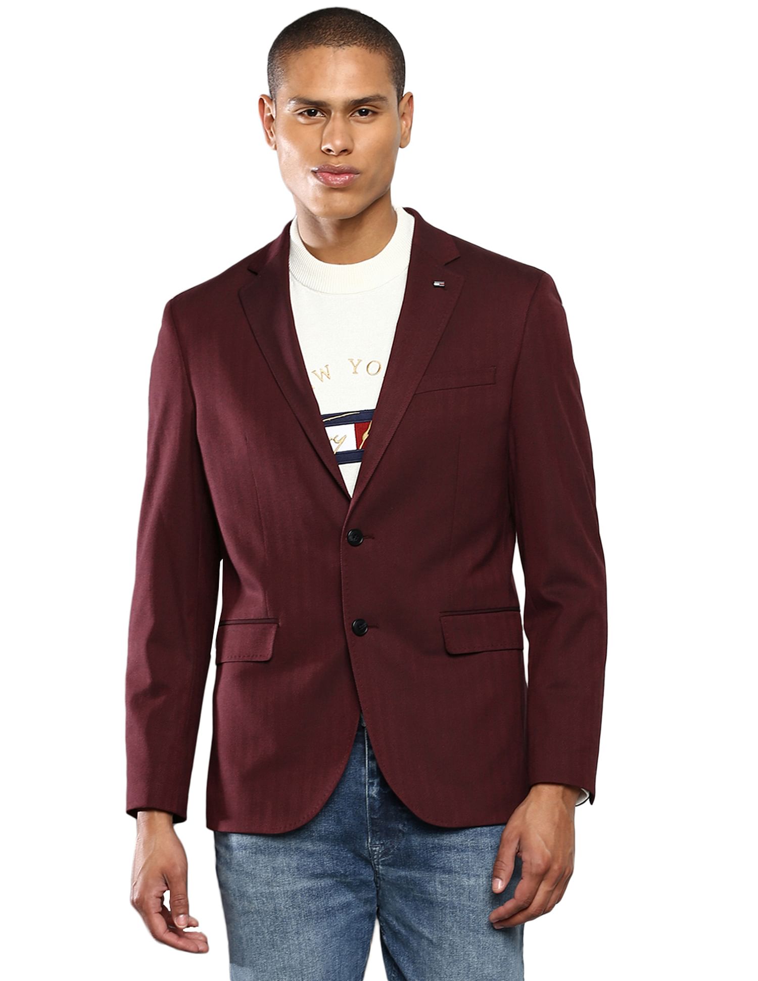 Tommy Hilfiger Men Burgundy Solid Herringbone  Formal Blazer