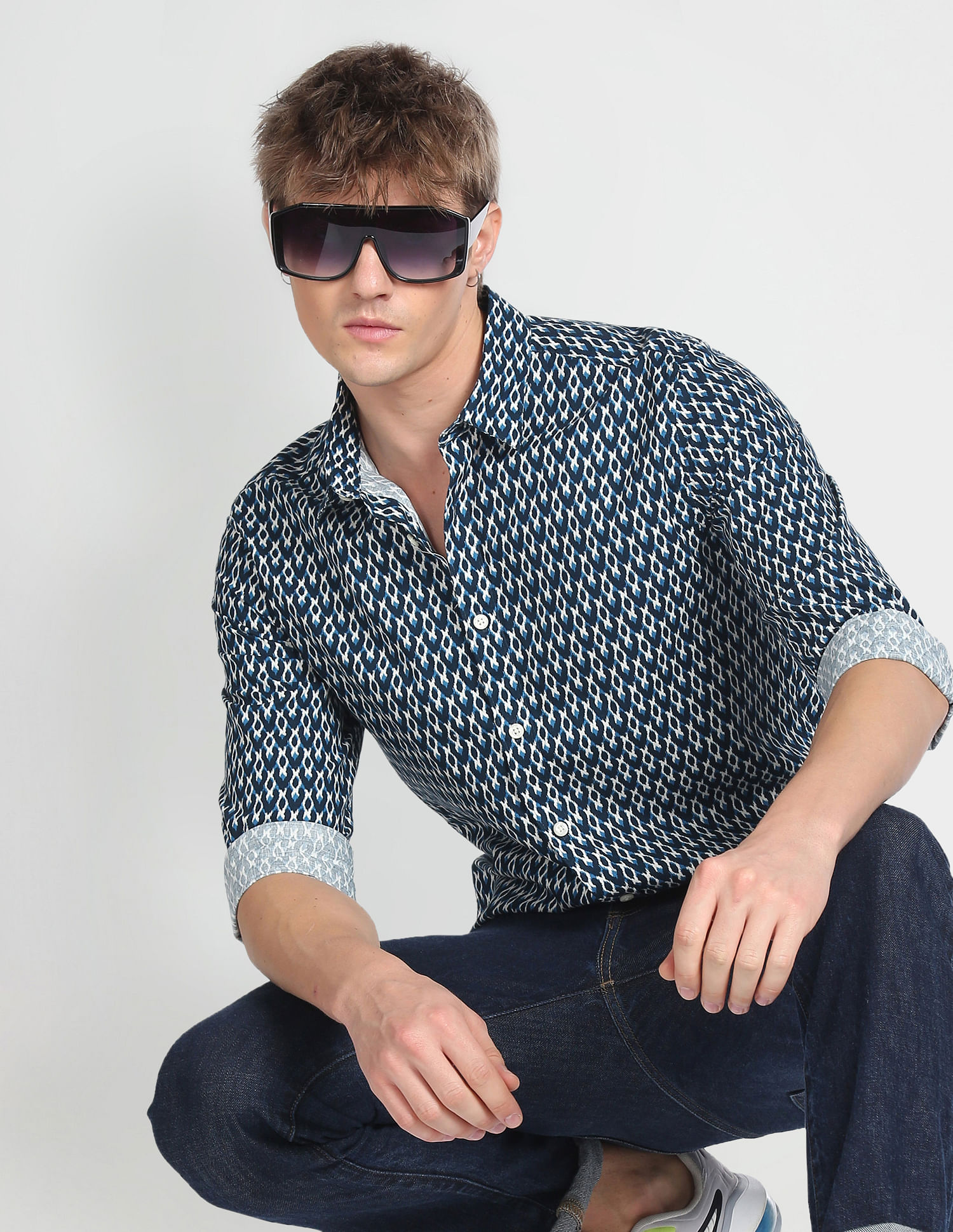 Flying Machine Geometric Print Cotton Shirt