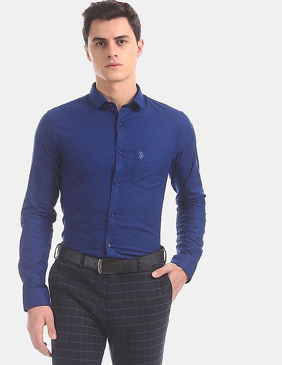 Buy USPA Tailored Men Men Royal Blue Slim Fit Printed Formal Shirt NNNOW