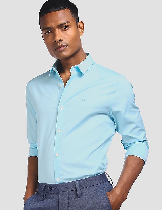 Buy Calvin Klein Men Sky Blue Slim Fit Stretch Cotton Solid Casual Shirt -  