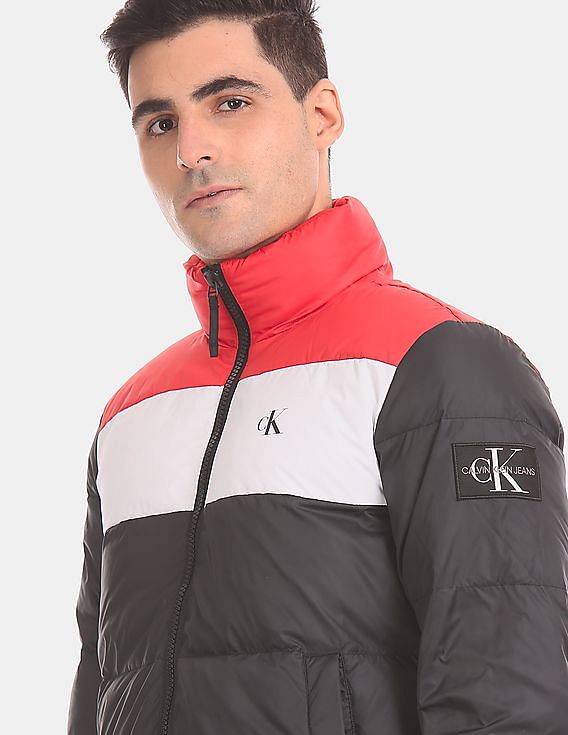 Calvin Klein Men Black And Red Colour Block Down Puffer Jacket