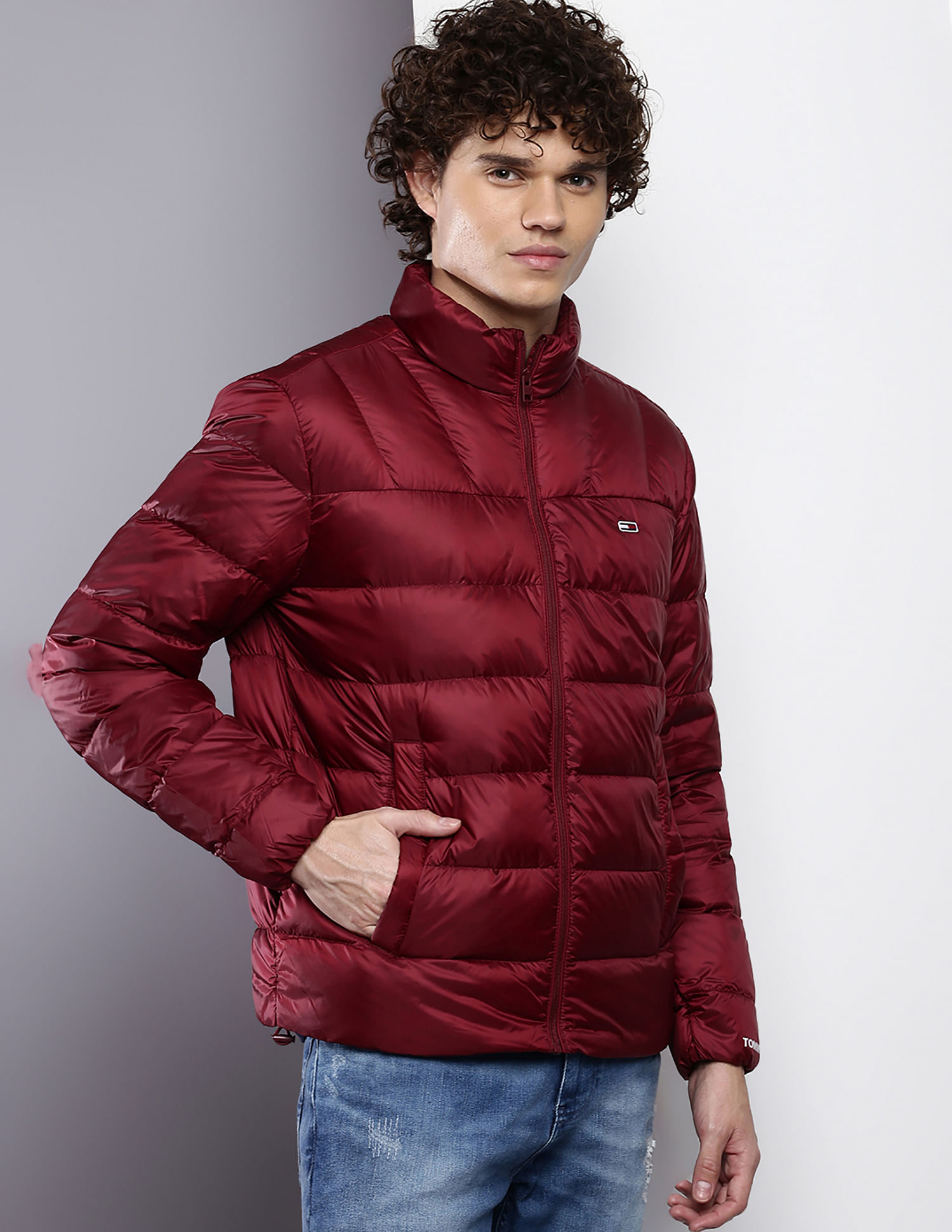 Tommy Hilfiger Denim Down Puffer Jacket Detachable Hood in Red