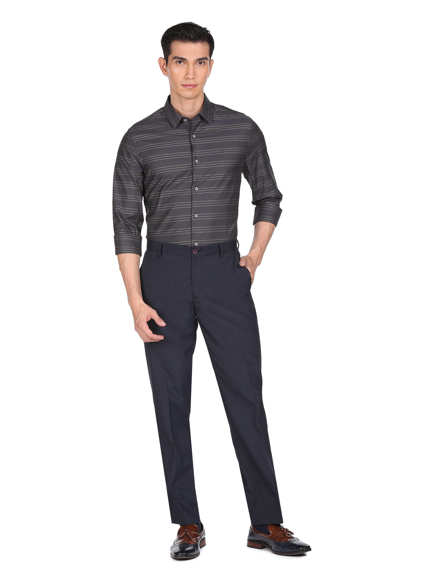 Calvin Klein Jeans Men Black Festive Striped Slim Fit Formal Shirt