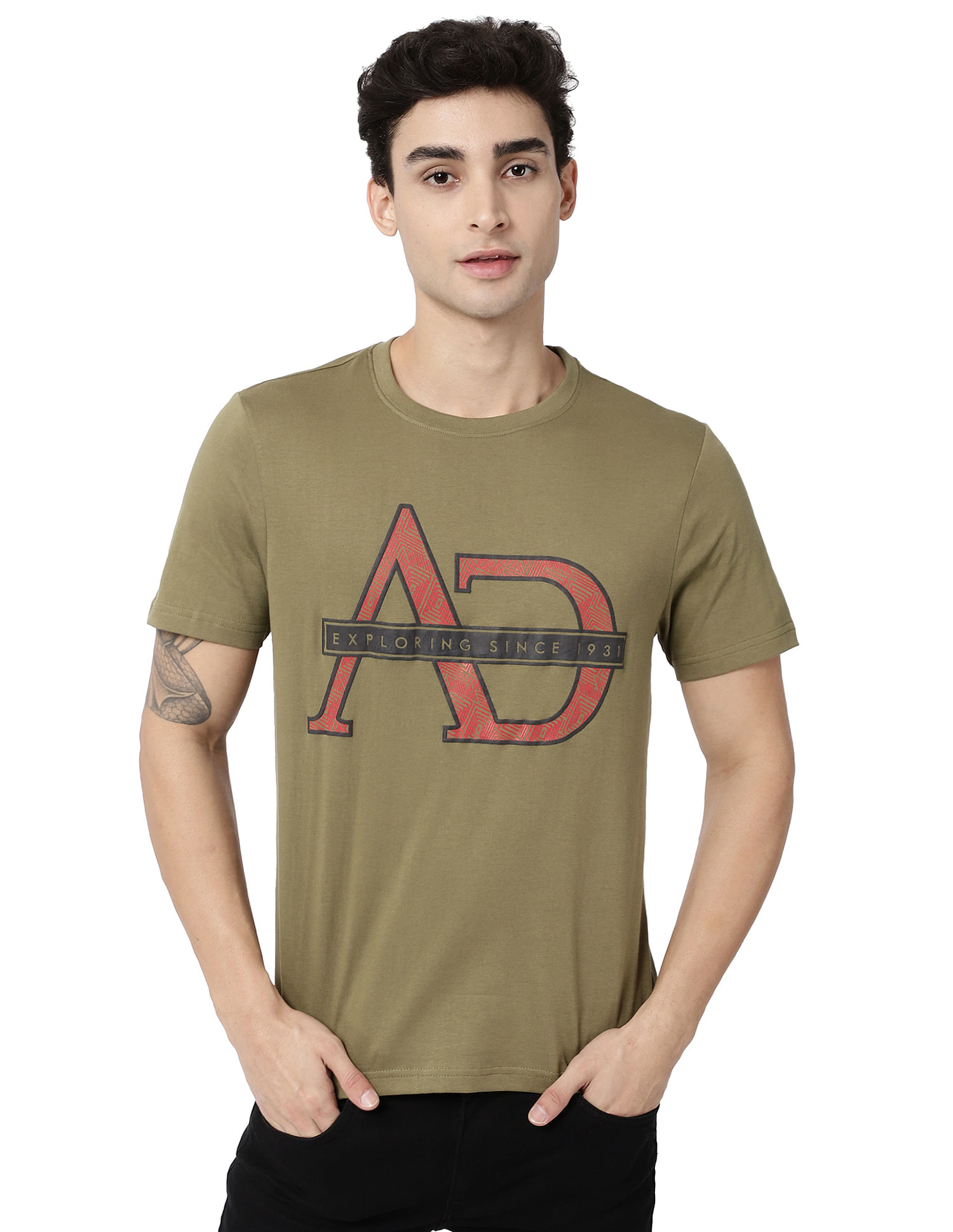 AD by Arvind Crew Neck Brand Print Cotton T-Shirt