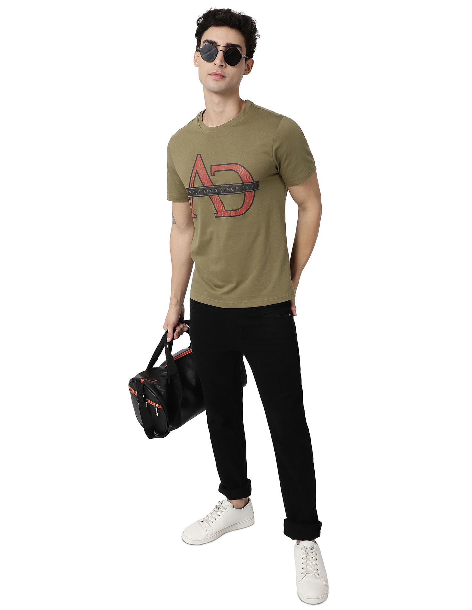 AD by Arvind Crew Neck Brand Print Cotton T-Shirt