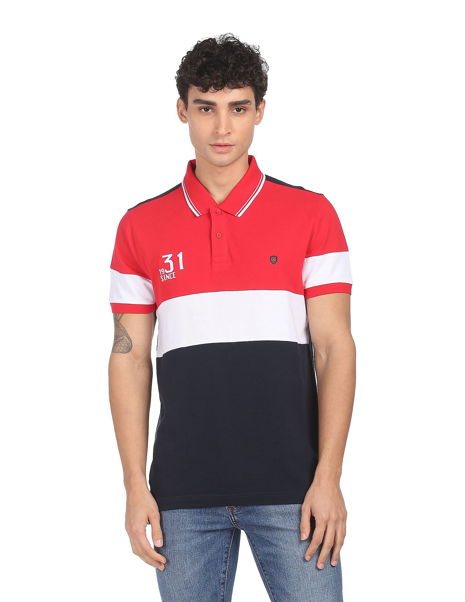 AD by Arvind Cotton Panelled Colour Block Polo Shirt