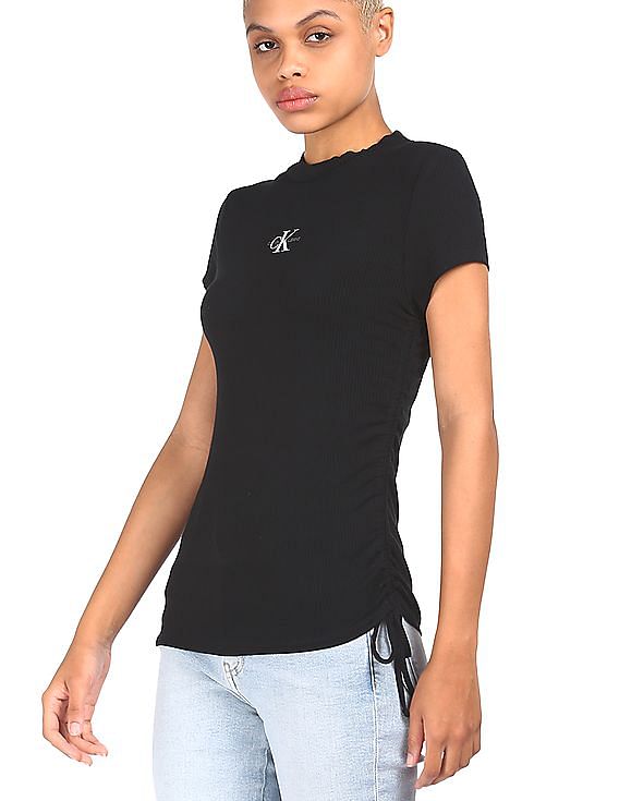 Buy Calvin Klein Women Black Round Neck Side Drawstring Ribbed T-Shirt | T-Shirts