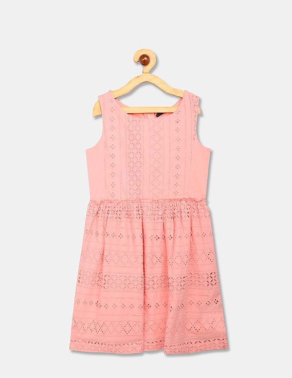 Buy GAP Girl Peach Round Neck Patterned Eyelet Embroidered Dress - NNNOW.com