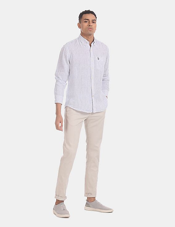 U.S. Polo Assn. Vertical Stripe Button Down Collar Linen Casual Shirt