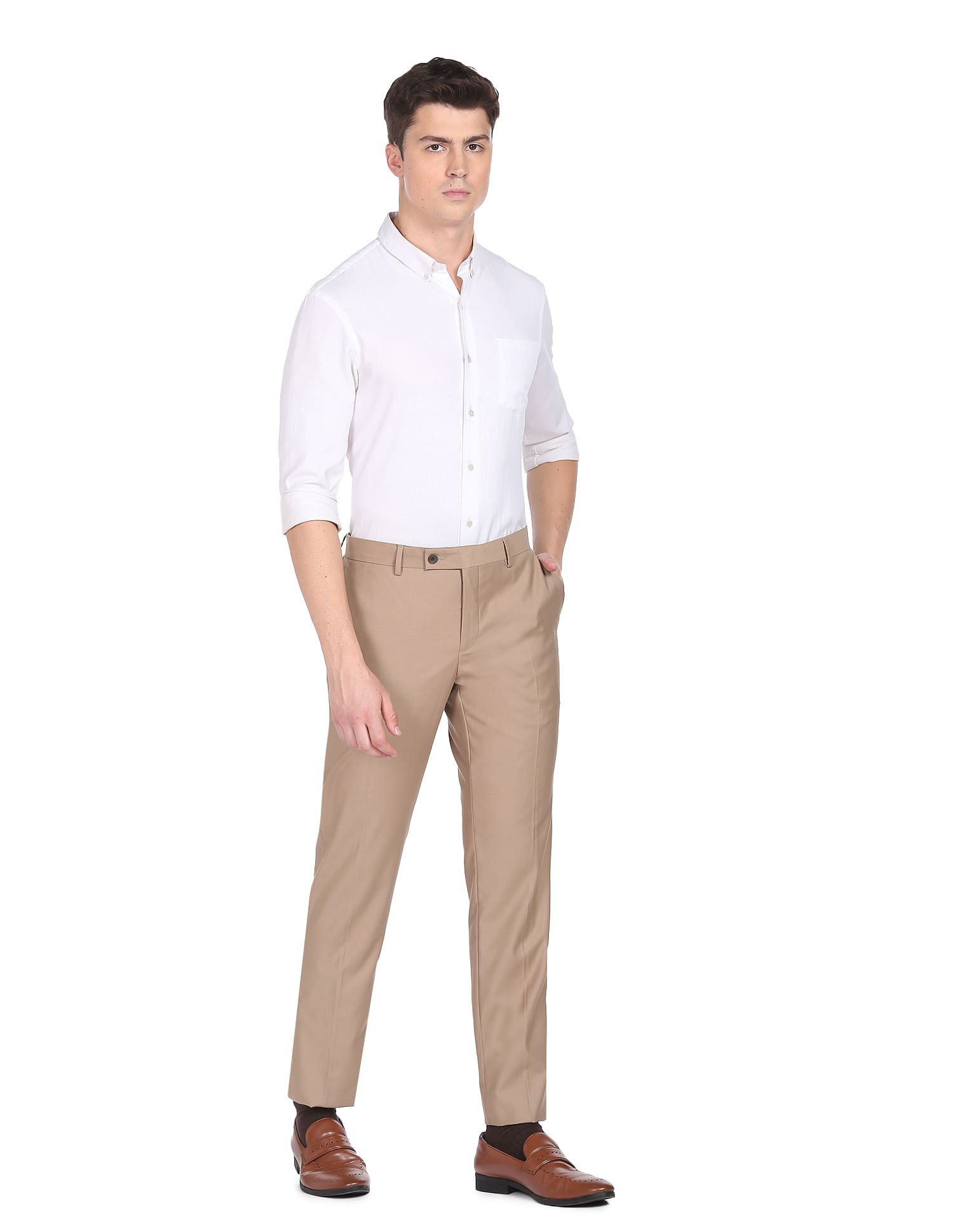 Made-to-Measure Men's light brown trousers in stretch wool and lyocell
