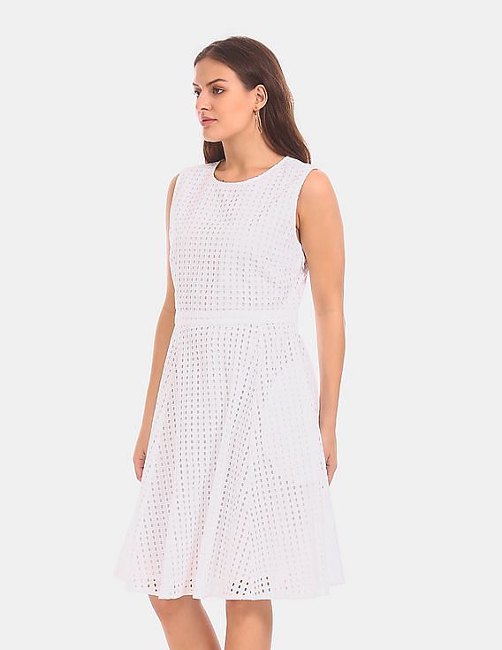 White eyelet fit store and flare dress