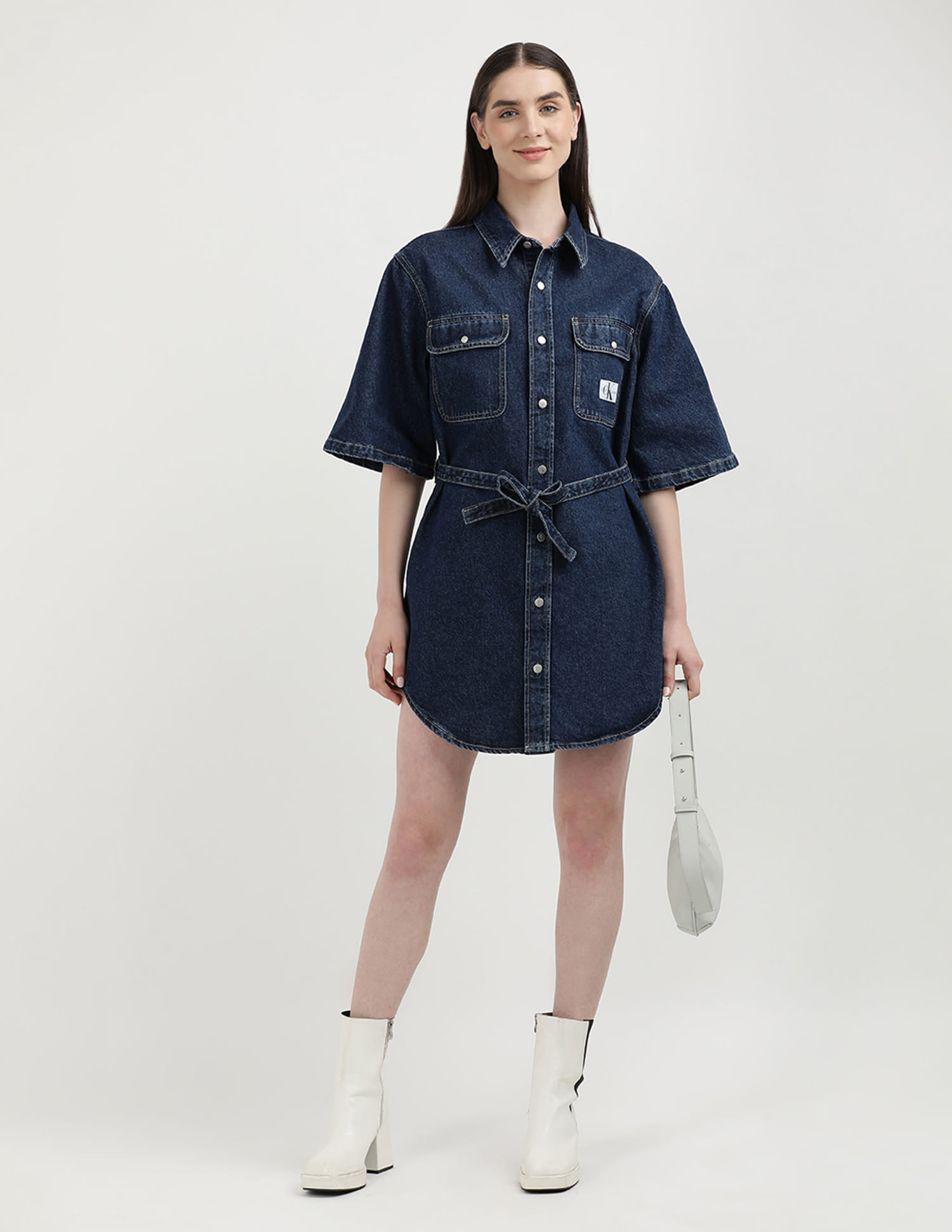 calvin klein belted jersey dress Calvin Klein Belted A-Line Shirtdress in Black | Women's Regular Size 14 | Polyester