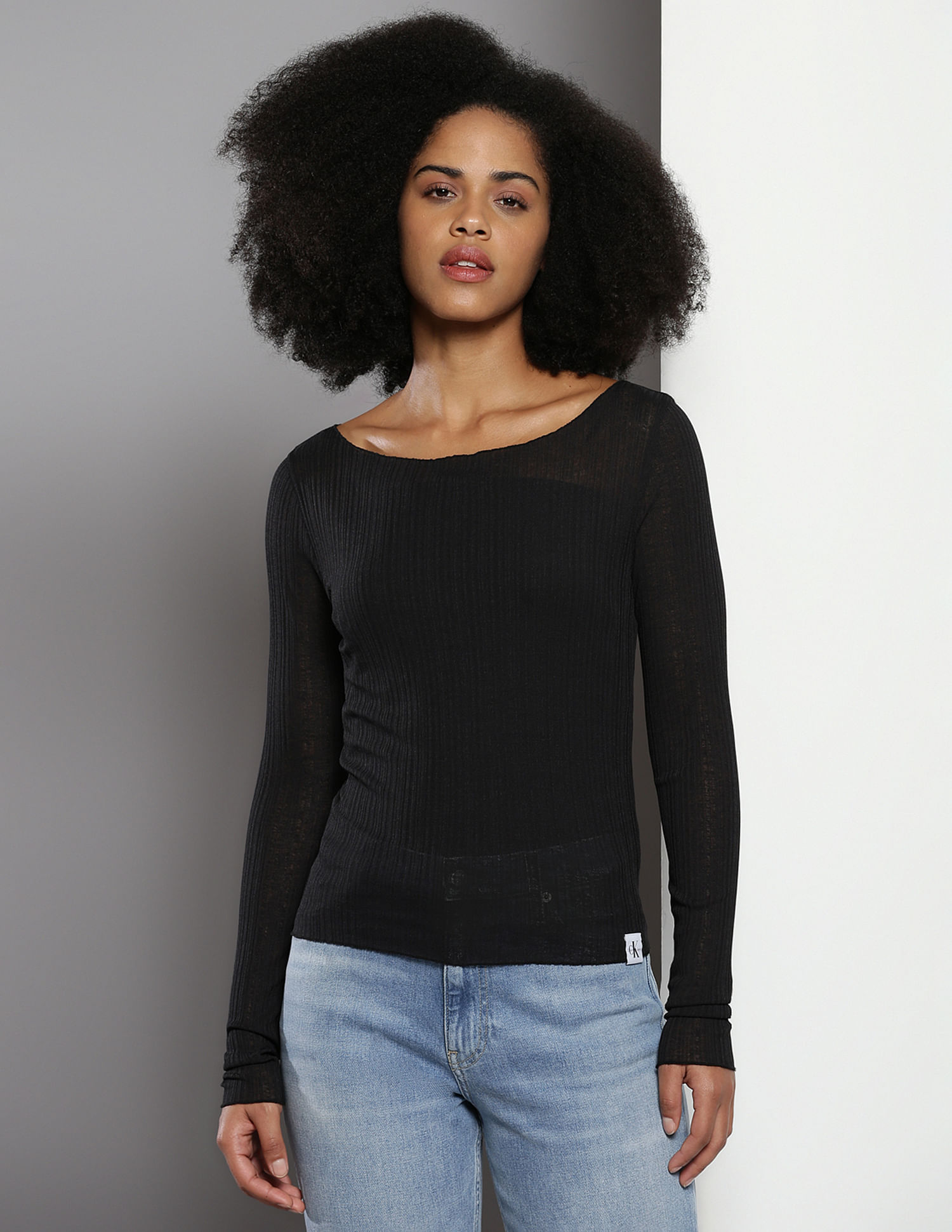 Calvin Klein Sheer Ribbed Long Sleeve Top