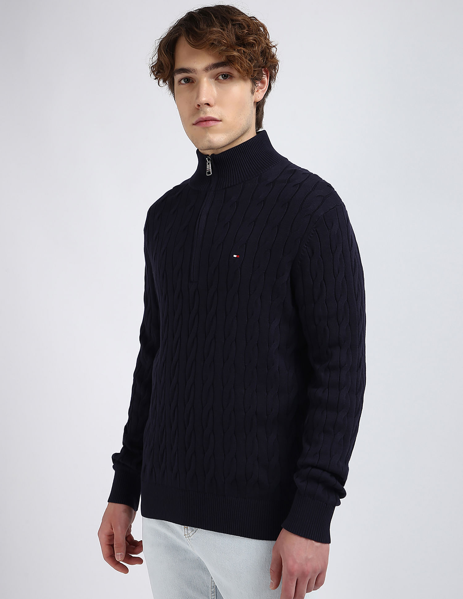 Tommy Hilfiger Classic Cotton Cable Zip Mock Neck Sweatshirt