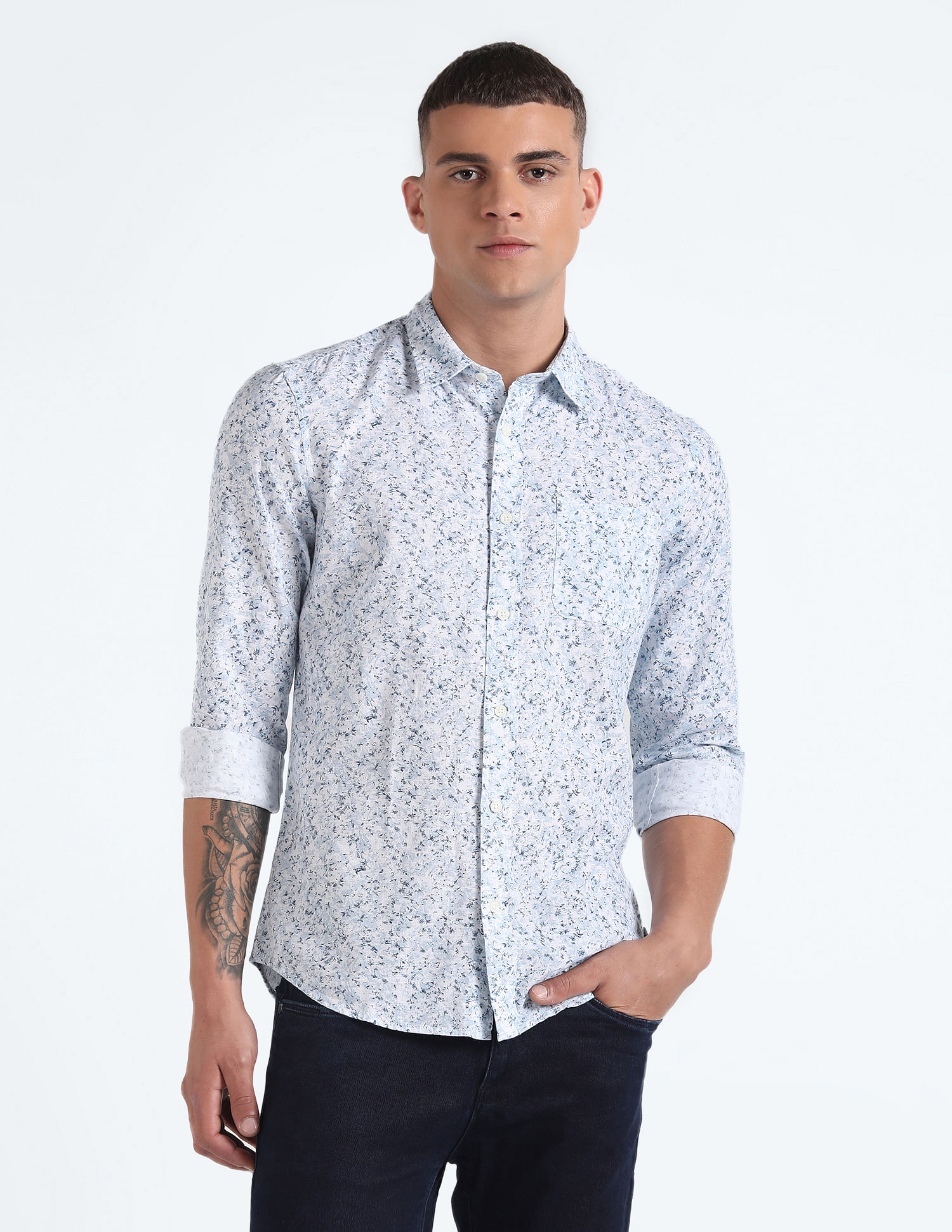 Flying Machine Abstract Print Dobby Shirt