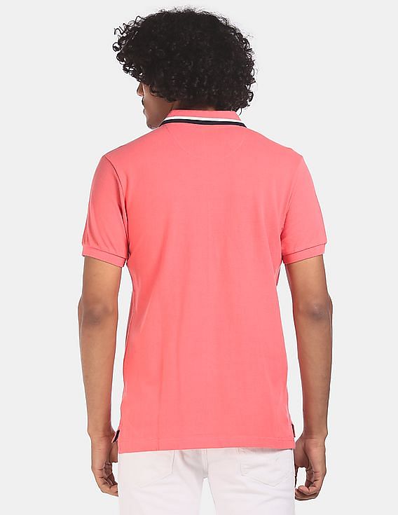 U.S. Polo Assn. Men Pink Tipped Collar Cotton Solid Pique Polo Shirt