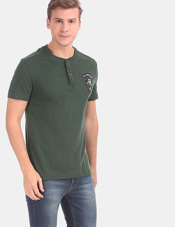 Green Slub Cotton Solid Henley T-Shirt 