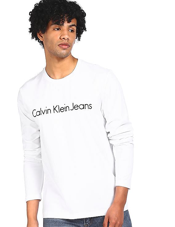 Buy Calvin Klein Men White Long Sleeve Brand Print T-Shirt 