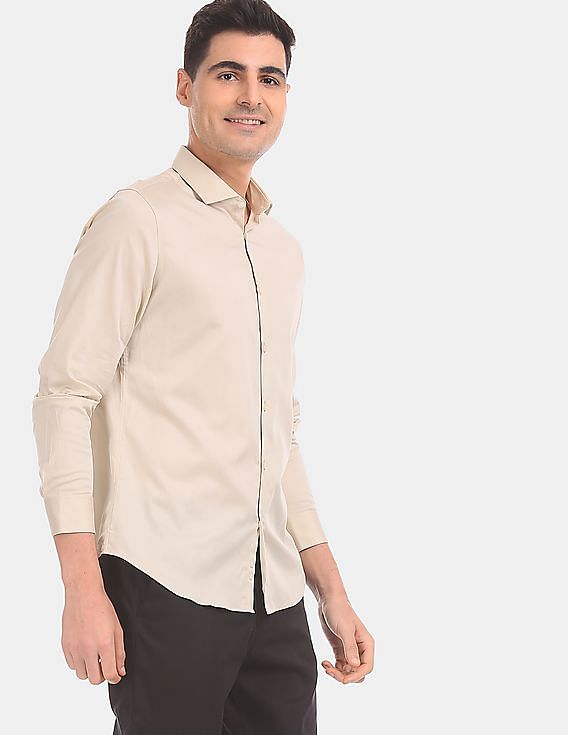 Buy Calvin Klein Men Beige Long Sleeve Cotton Stretch Satin Casual Shirt -  