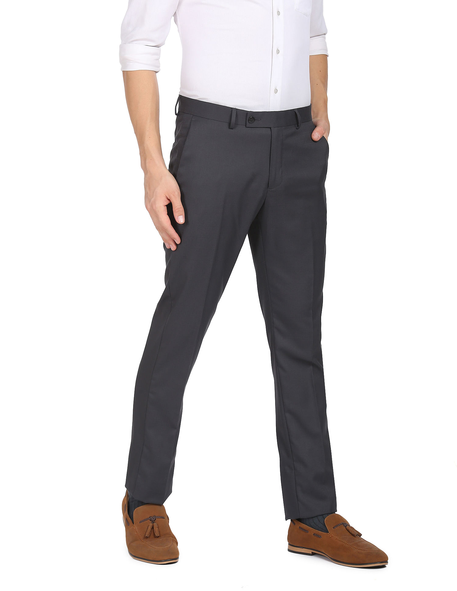 Buy Arrow Men Navy Dobby Weave Hudson Tailored Fit Formal Trousers   NNNOWcom