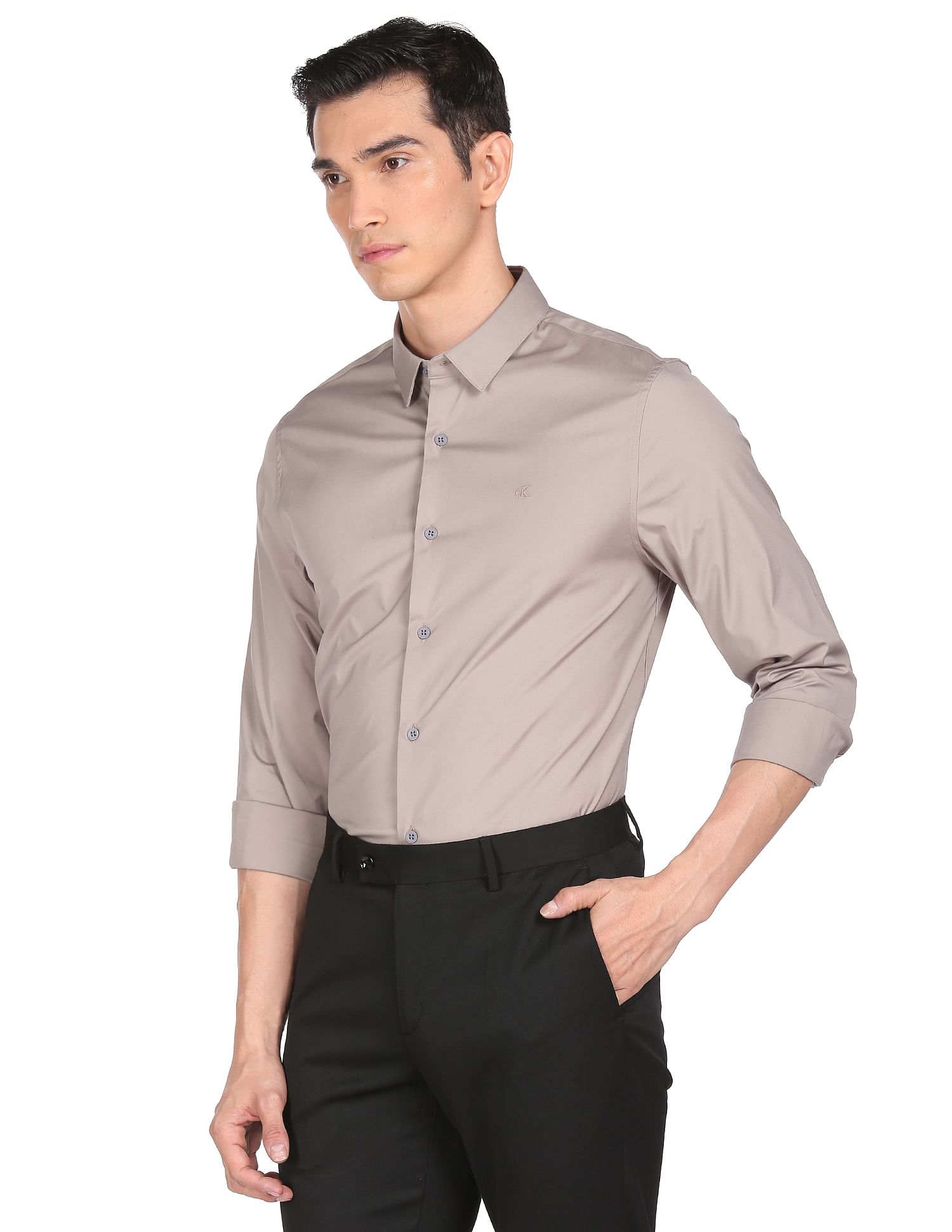 Buy Calvin Klein Jeans Men Taupe Slim Fit Solid Formal Shirt NNNOW