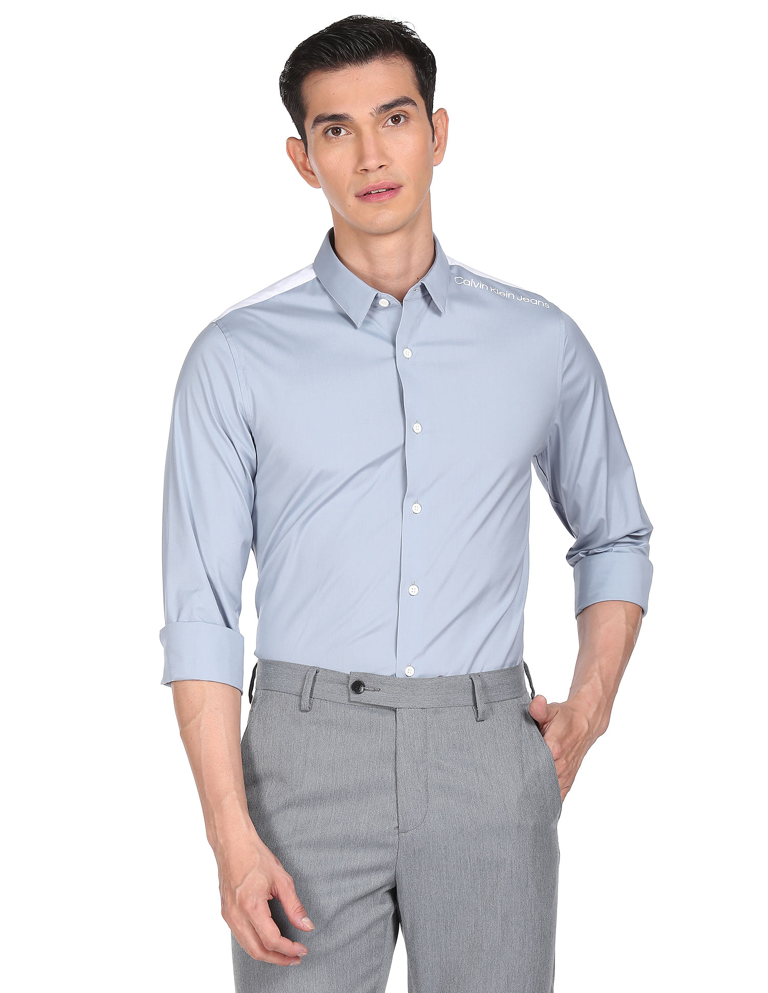 Calvin Klein Jeans Men Blue Slim Fit Colour Block Logo Formal Shirt