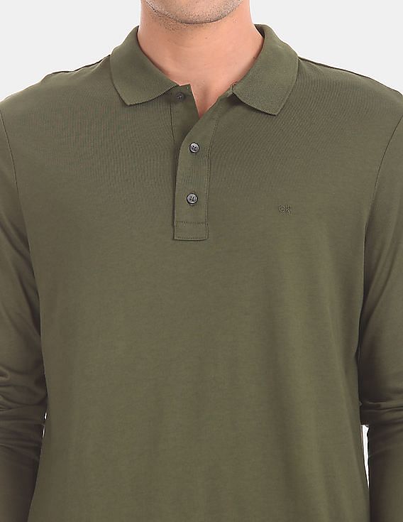 Calvin Klein Men Olive Long Sleeve Solid Polo Shirt