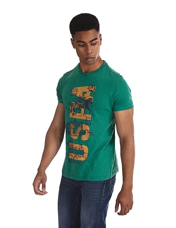 Buy Men Green Printed Front Slub Knit T 