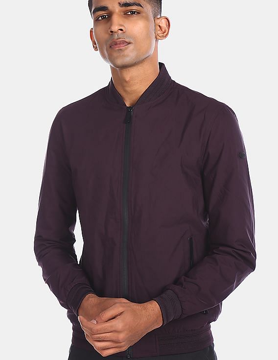 U.S. Polo Assn. Men Dark Purple Ribbed Stand Collar Solid Bomber Jacket