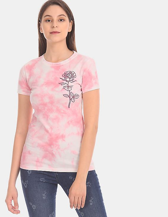 Aeropostale Women Pink Crew Neck Allover Dye Cotton Jersey T-Shirt