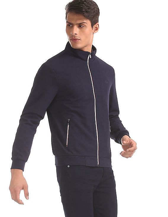 Buy Arrow Sports Men Blue Stand Collar Heathered Knit Jacket