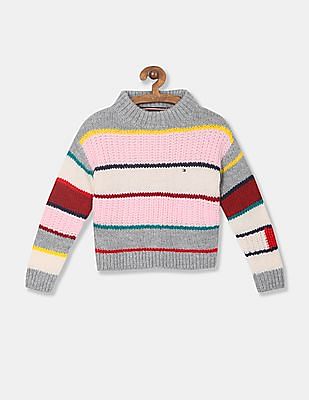 Girls Light Pink And Grey High Neck Bold Stripe Sweater