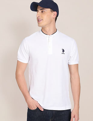 U S Polo Assn Men White Stylized Collar Solid Pure Cotton Polo Shirt