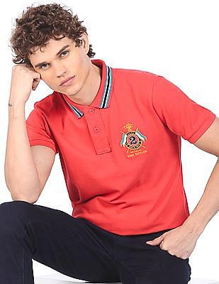 U S Polo Assn Striped Collar Solid Polo Shirt