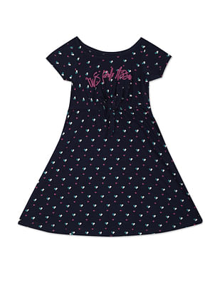 U S Polo Assn Kids Girls Navy Printed Cotton Dress