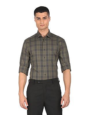 Tommy Hilfiger Men Green And Charcoal Twill Weave Check Smart Casual Shirt