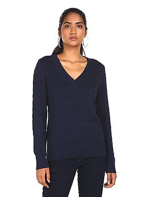 Buy Tommy Hilfiger Women Navy V-Neck Cable Knit Sweater