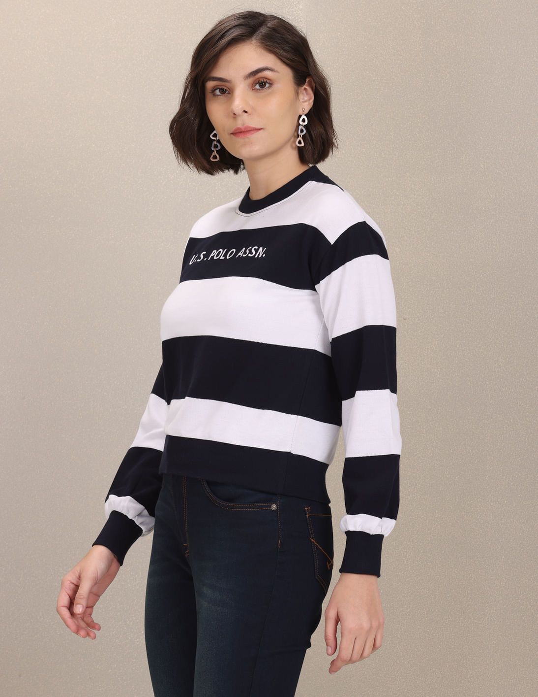 Buy U.S. Polo Assn. Women Crew Neck Horizontal Stripe Sweatshirt