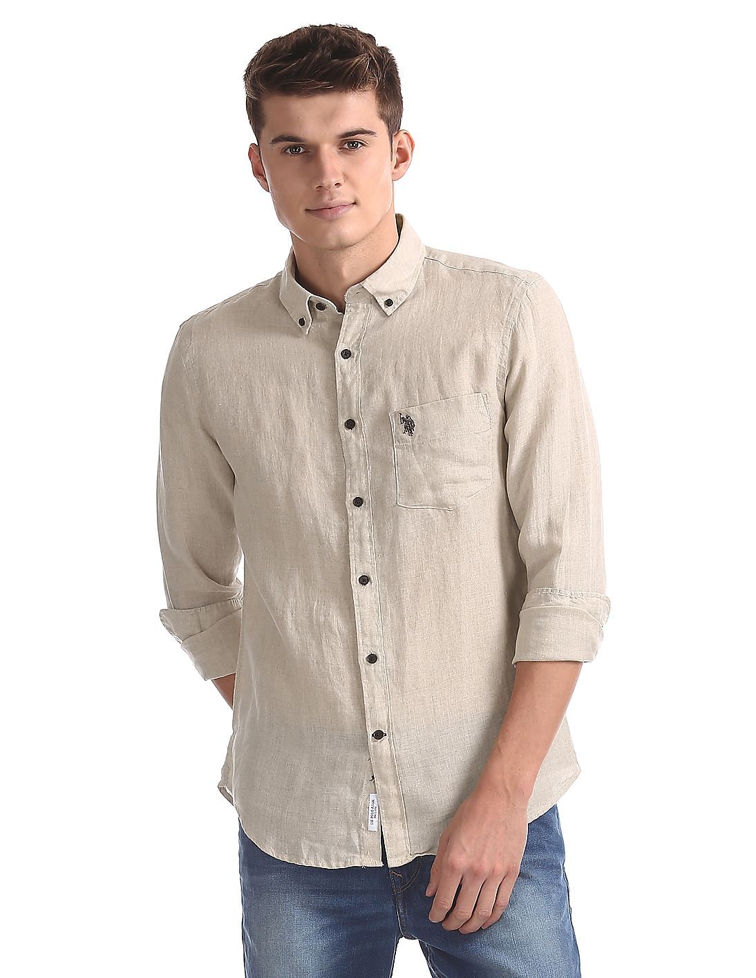 Buy Men Button Down Collar Linen Shirt online at NNNOW.com