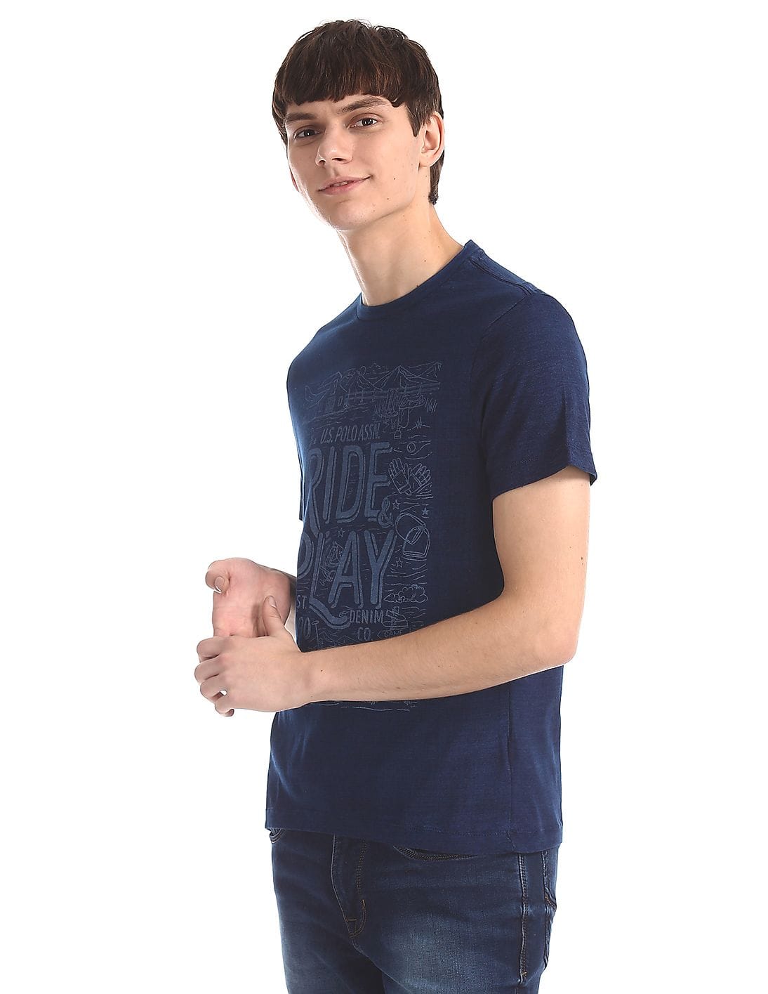 Men Blue Brand Print Crew Neck T-Shirt 