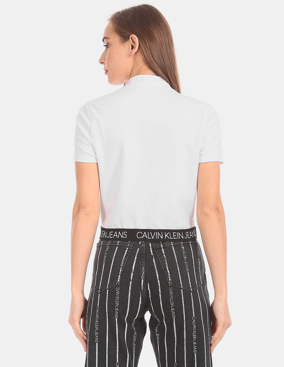 Buy Calvin Klein Women White Elasticized Hem Half Zip T
