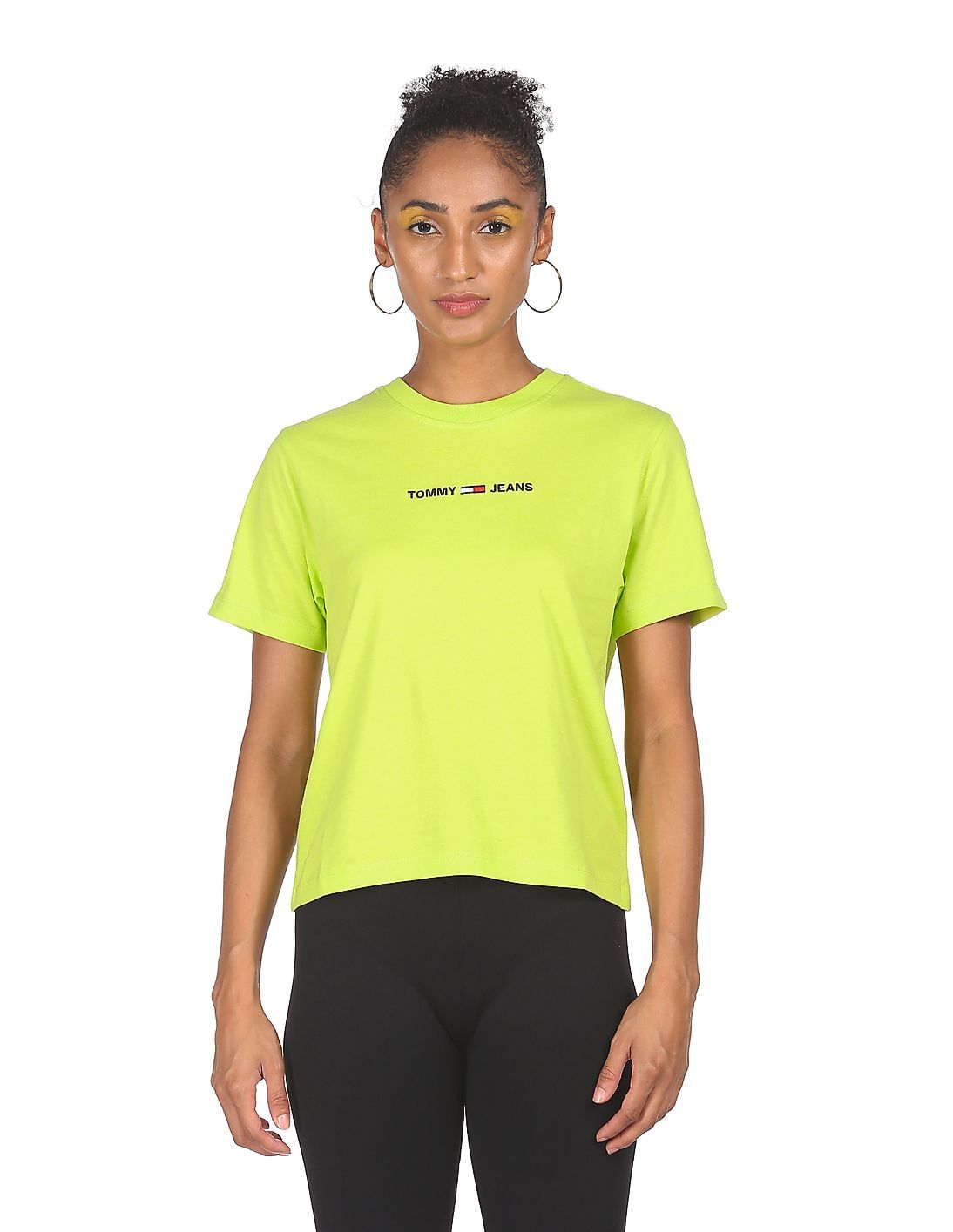 Buy Tommy Hilfiger Women Lime Green Ribbed Neck Logo T-Shirt