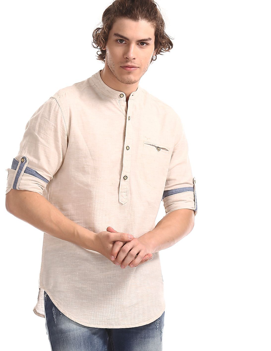 Buy Men Beige Popover Cotton Linen Shirt online at NNNOW.com