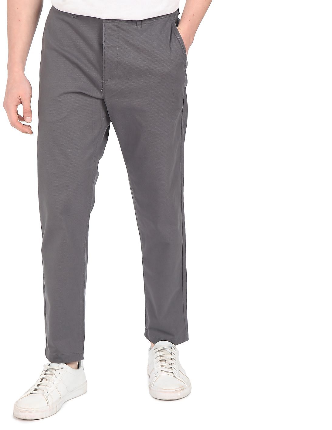 Buy U.S. Polo Assn. Men Grey Flat Front Patterned Weave Casual Trousers ...